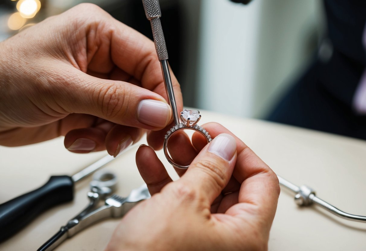 A jeweler carefully adjusts a wedding ring with a sizing tool