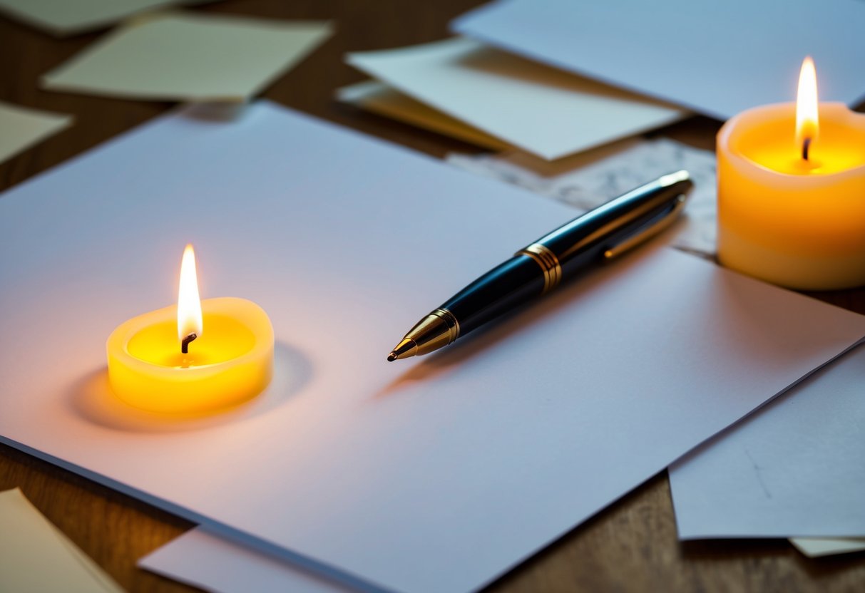 A pen poised over a blank page, surrounded by scattered sheets of paper and a flickering candle