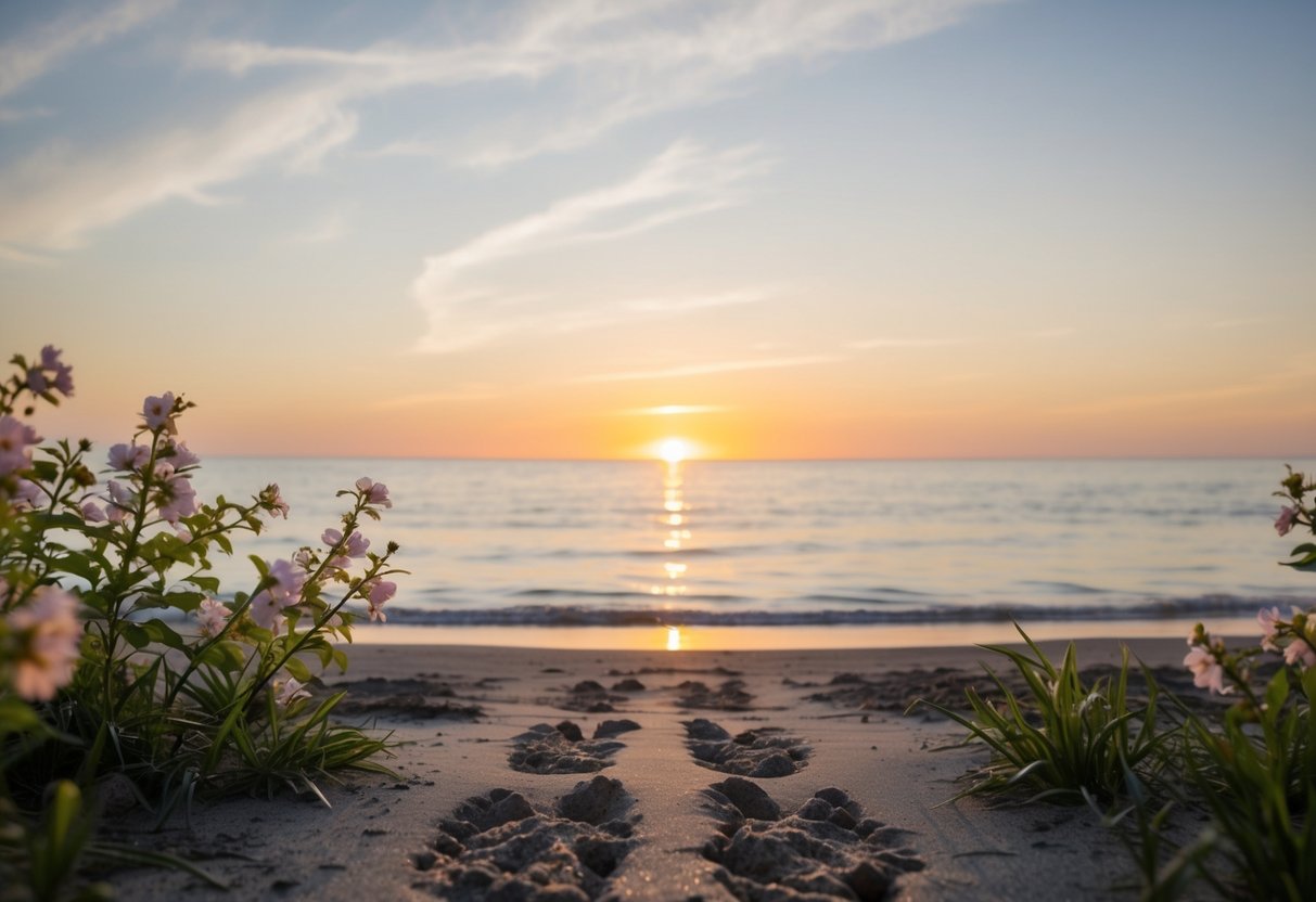 A serene beach at sunset, with two sets of footprints leading towards the water, surrounded by blooming flowers and a gentle breeze