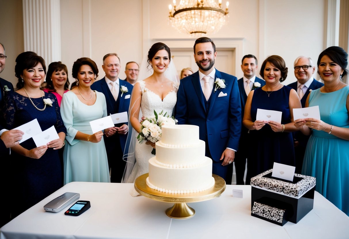 A bride and groom stand in front of a wedding cake, surrounded by guests holding envelopes and gift bags. A table displays a card reader and a decorative box for cash gifts