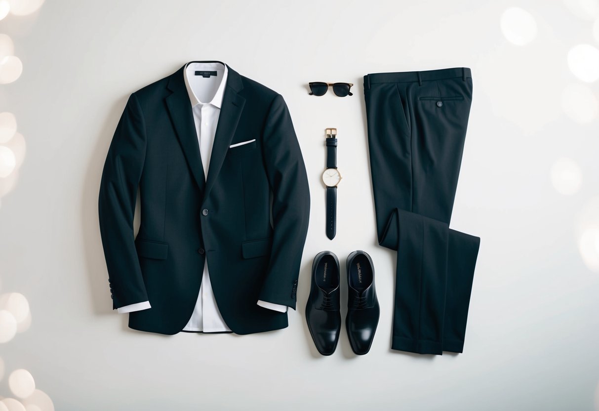 A simple, yet sophisticated, outfit laid out on a clean, white background. A tailored blazer, crisp white shirt, and sleek black trousers. A pair of polished dress shoes and a minimalist watch complete the look