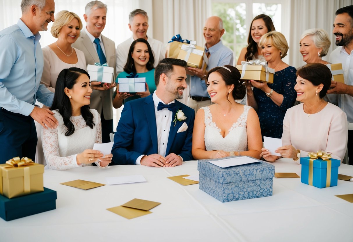 A couple sits at a table surrounded by family and friends, receiving gifts and well-wishes. A stack of envelopes and a decorative box for cards are on the table