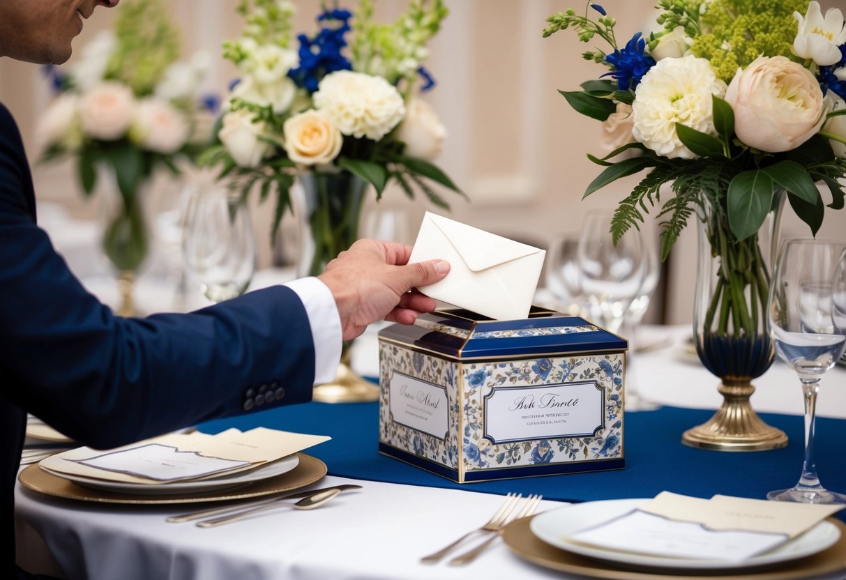 A table with a decorative box for cards, surrounded by floral centerpieces and elegant place settings. A guest places an envelope in the box