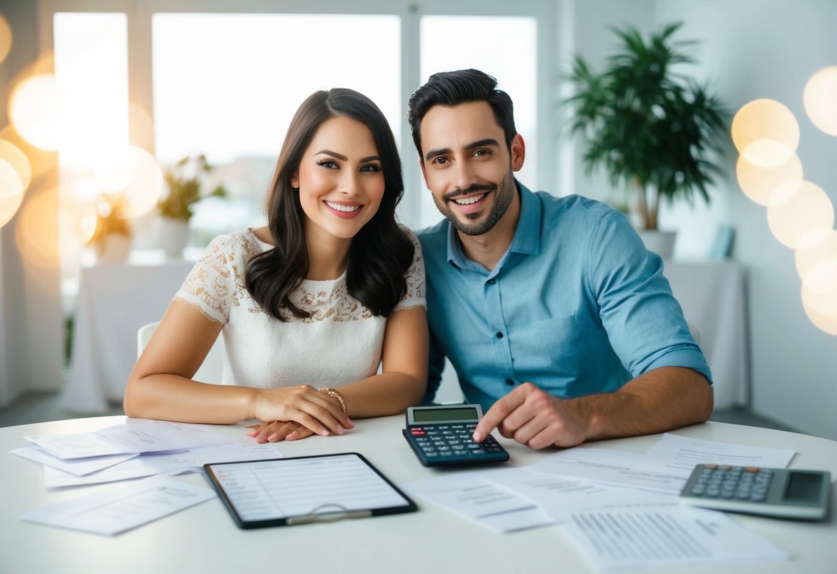 A couple sitting at a table, surrounded by wedding invitations, with a calculator and a list of potential expenses in front of them