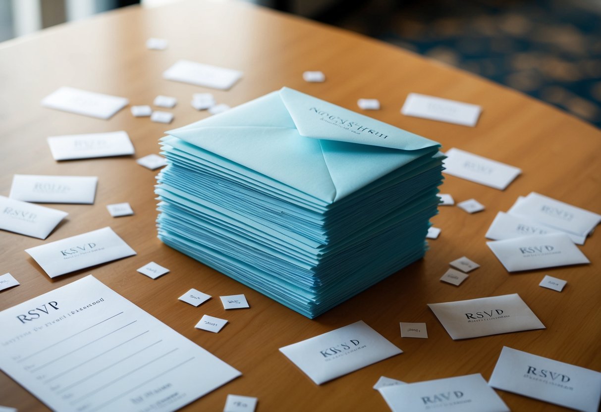 A stack of unopened envelopes sits on a table, surrounded by scattered RSVP cards and a blank guest list