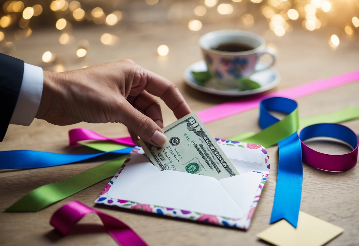 A hand reaching out to place a crisp bill in a decorative envelope, surrounded by colorful ribbons and a thoughtful note