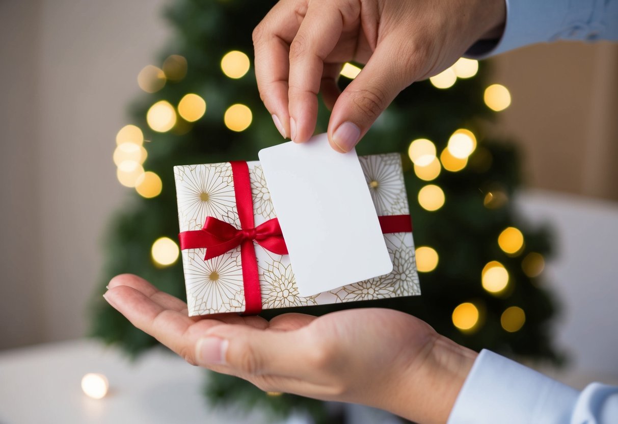A hand presenting a gift card in a decorative envelope