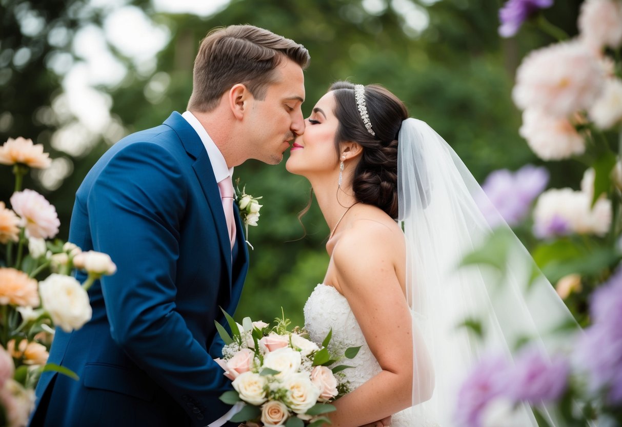 A groom leans in to kiss a bride, surrounded by flowers and a romantic setting