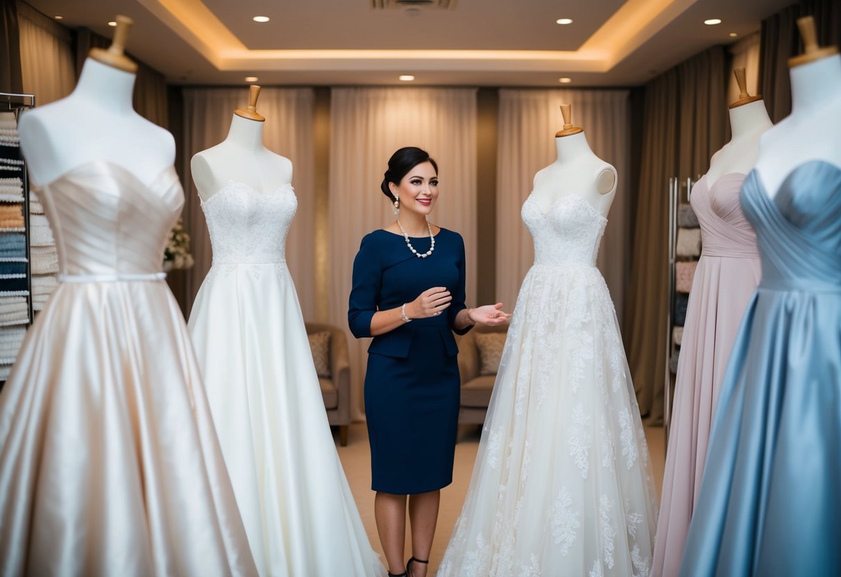 A bridal consultant presents a selection of elegant wedding dresses on display mannequins, surrounded by soft lighting and luxurious fabric swatches
