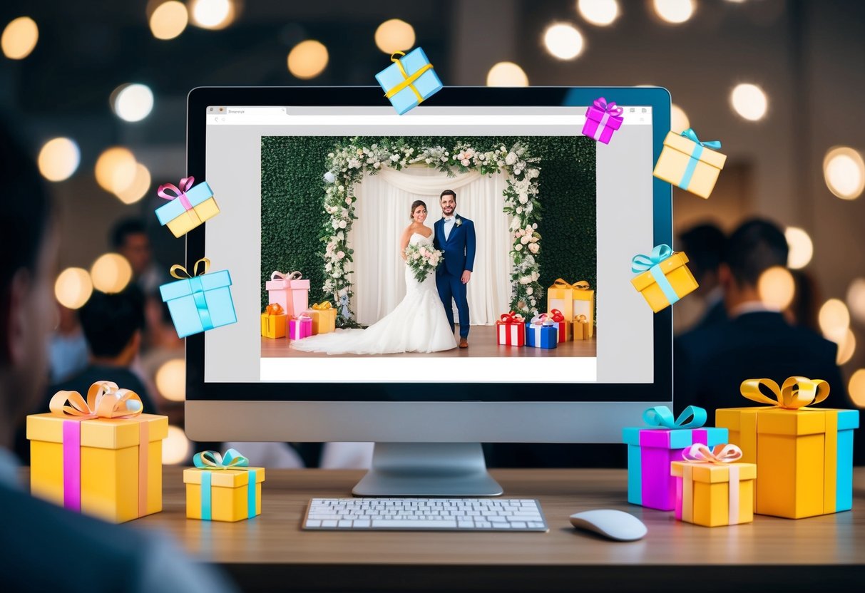 A computer screen with a virtual wedding backdrop, surrounded by virtual gifts and well-wishes from attendees