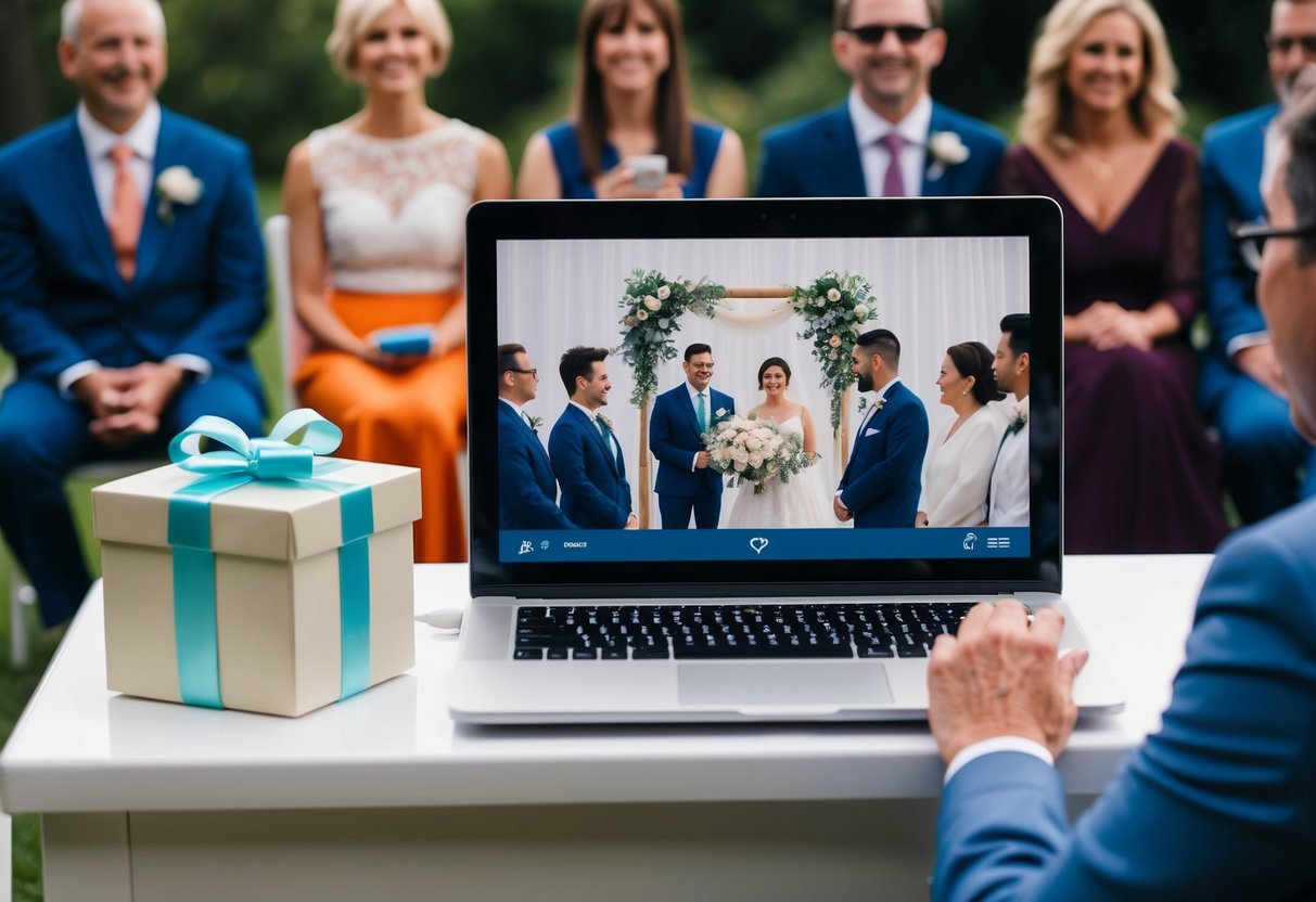 A laptop displaying a virtual wedding ceremony with guests watching and a gift box placed nearby
