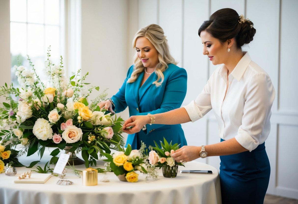 A bridal consultant arranging a beautiful display of flowers and accessories on a table, adding final touches to impress the bride