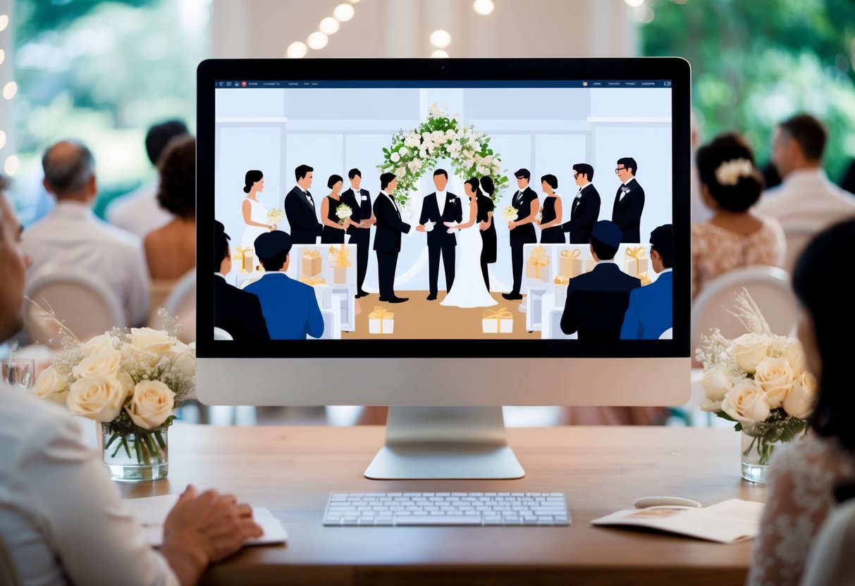 A computer screen displaying a virtual wedding ceremony with guests watching and sending virtual gifts through the online platform