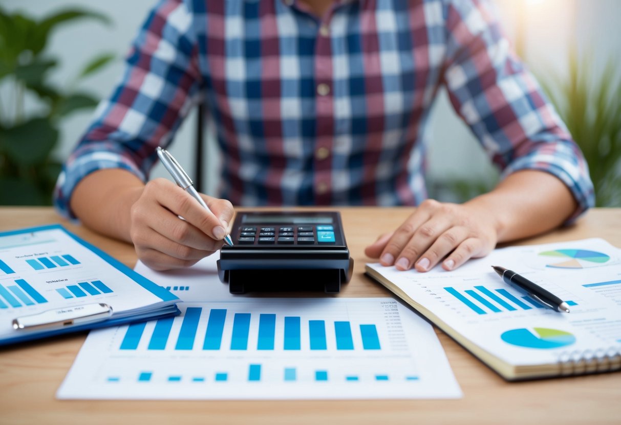 A person sits at a desk with a calculator, notebook, and pen, surrounded by charts and graphs. They are carefully calculating expenses and income to create a budget backdrop
