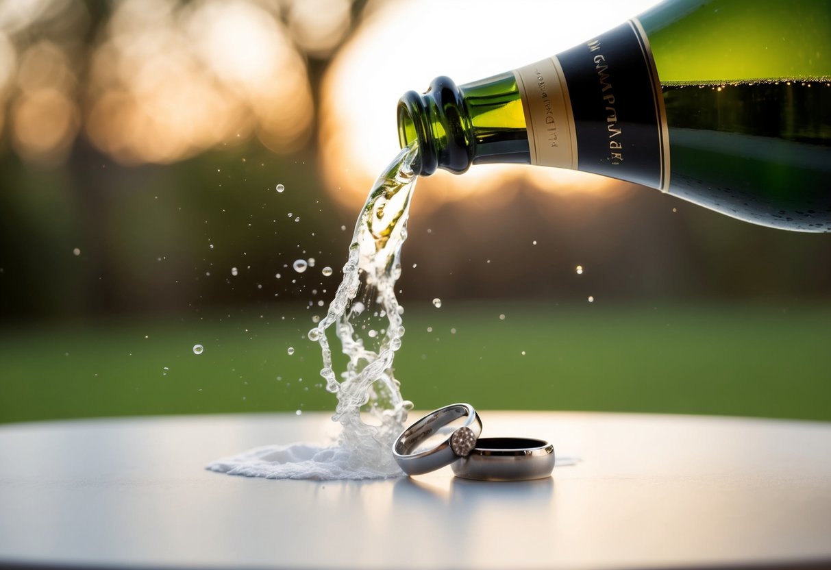 A bottle of champagne pops open, spilling bubbly over two entwined wedding rings on a table