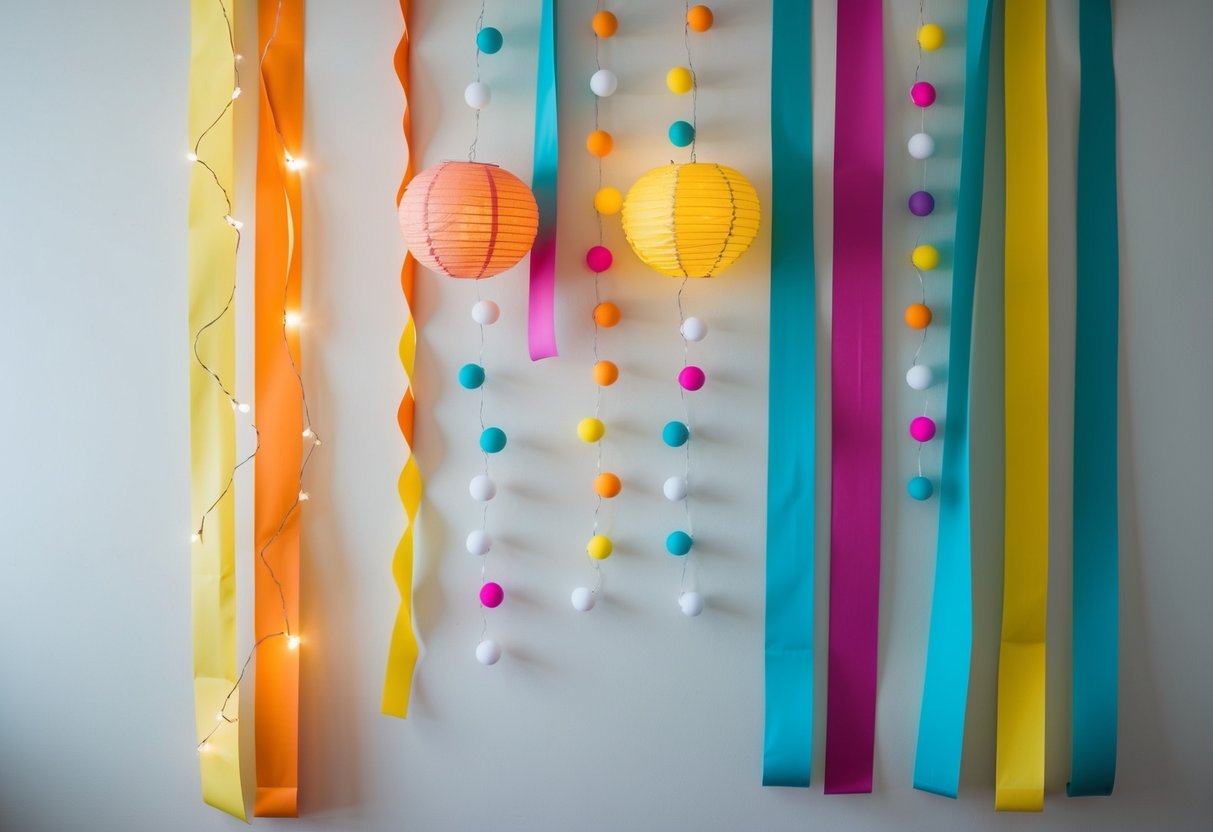 A simple, budget-friendly backdrop with colorful paper streamers, fairy lights, and hanging paper lanterns against a plain wall