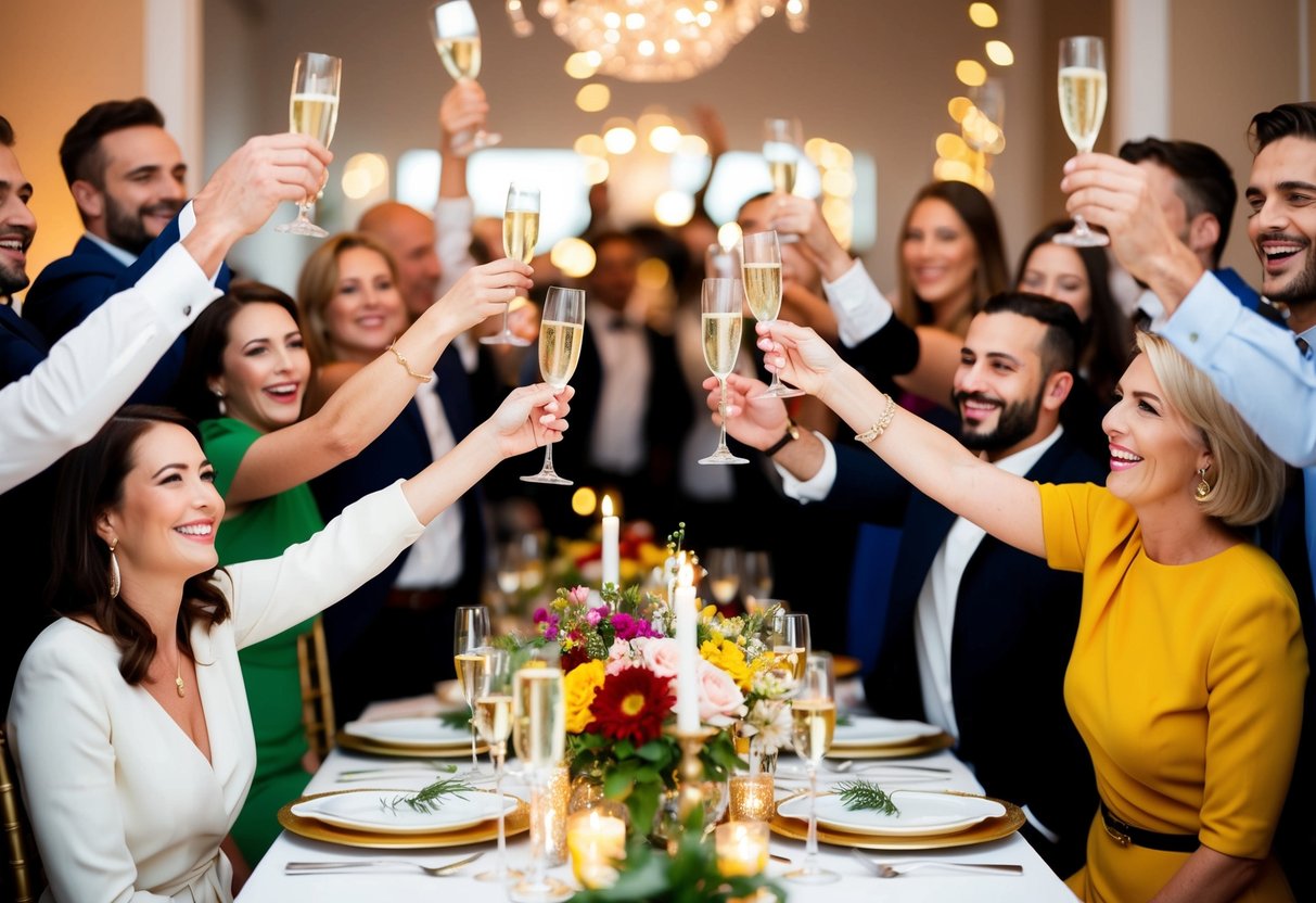 A festive table adorned with flowers and champagne glasses, surrounded by joyful guests raising their glasses in celebration