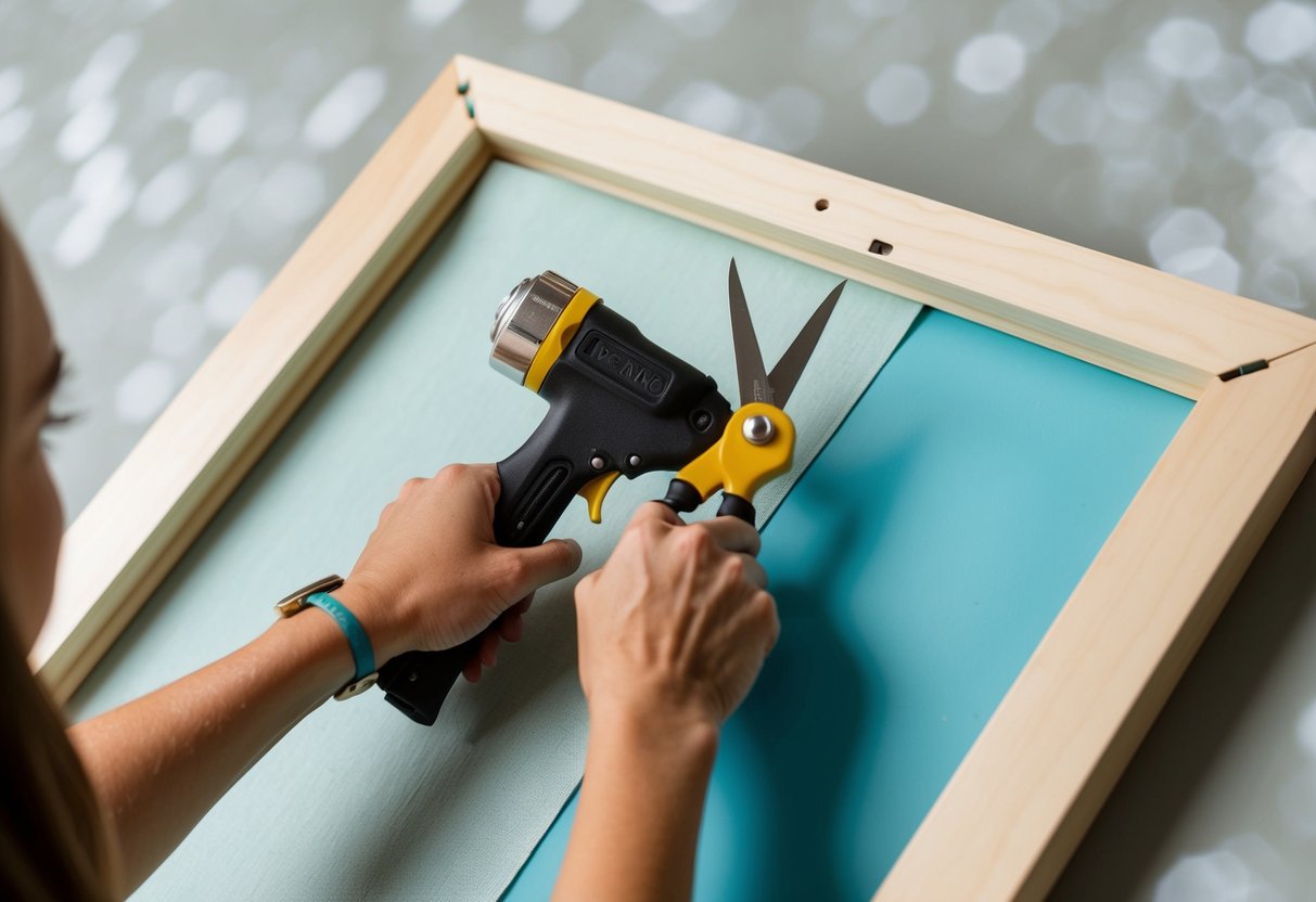 A person using scissors to trim a large piece of fabric, then attaching it to a frame with a staple gun. A paint roller is used to apply a coat of paint