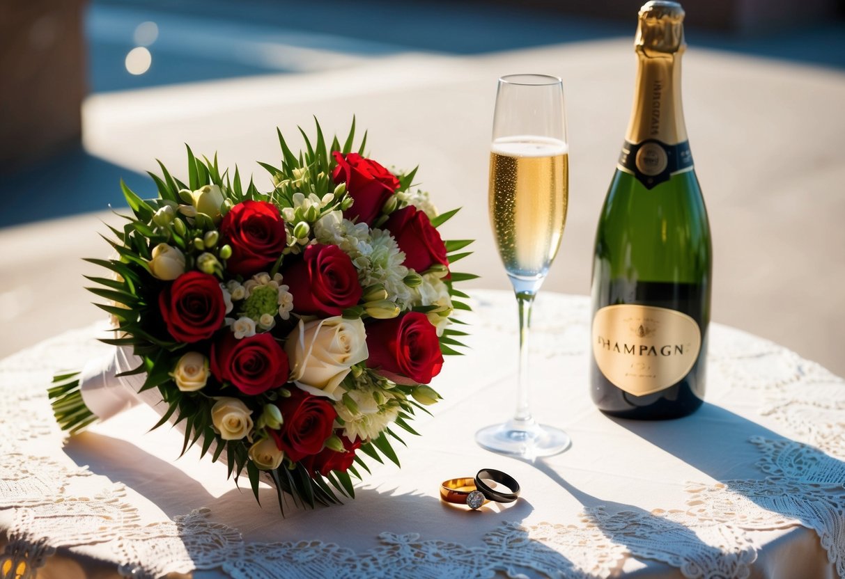 A heart-shaped bouquet of flowers and a bottle of champagne sit on a table adorned with a lace tablecloth. A pair of wedding rings glisten in the sunlight