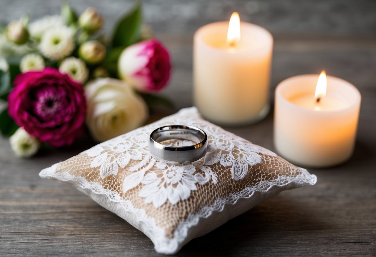 A wedding ring placed on a lace pillow, surrounded by flowers and candles