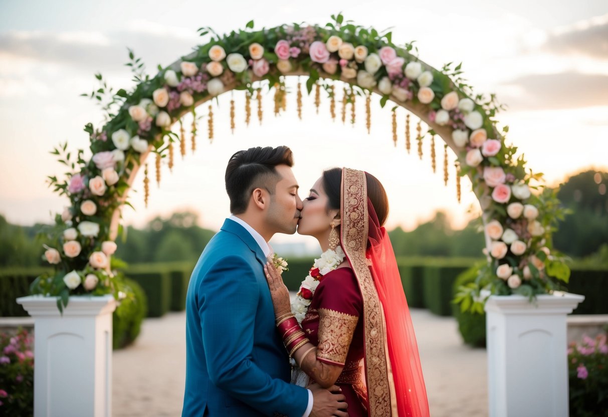 A couple from different cultures kiss under a beautiful archway adorned with flowers and traditional decorations