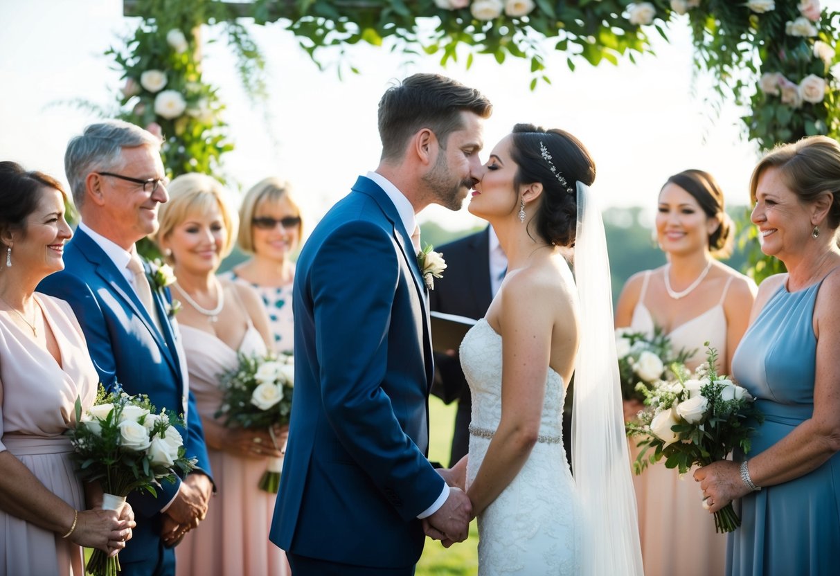 A couple stands facing each other, surrounded by family and friends. The officiant pronounces them married as they lean in for a kiss