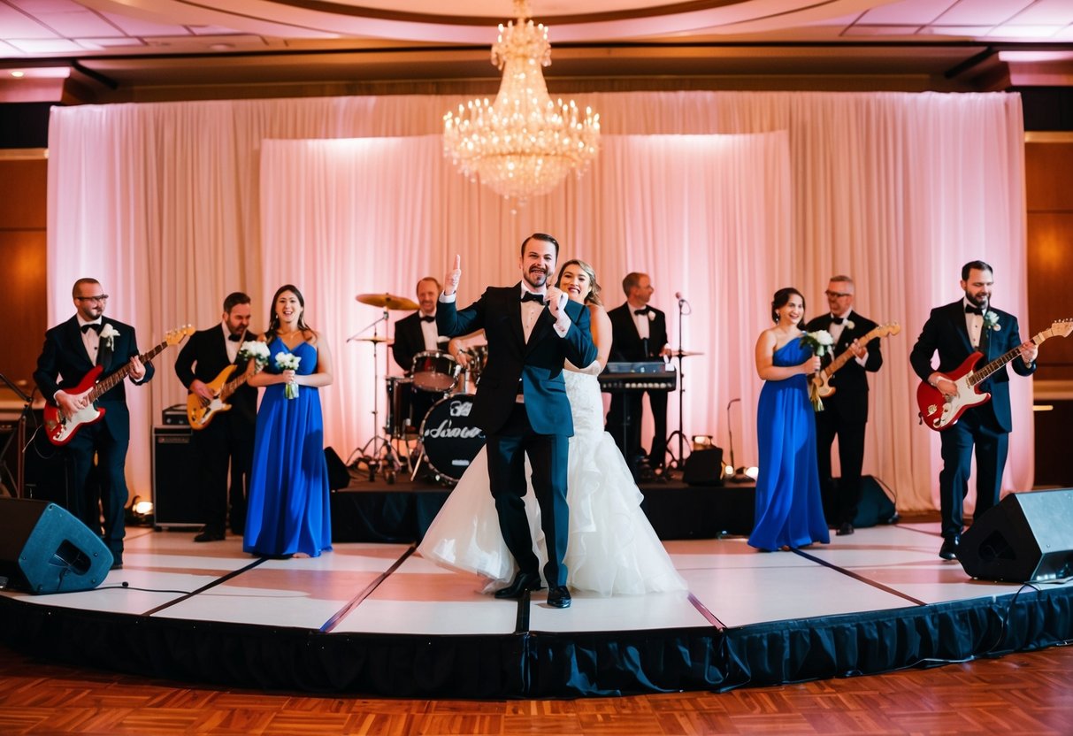 A festive wedding reception with a live band performing on a stage