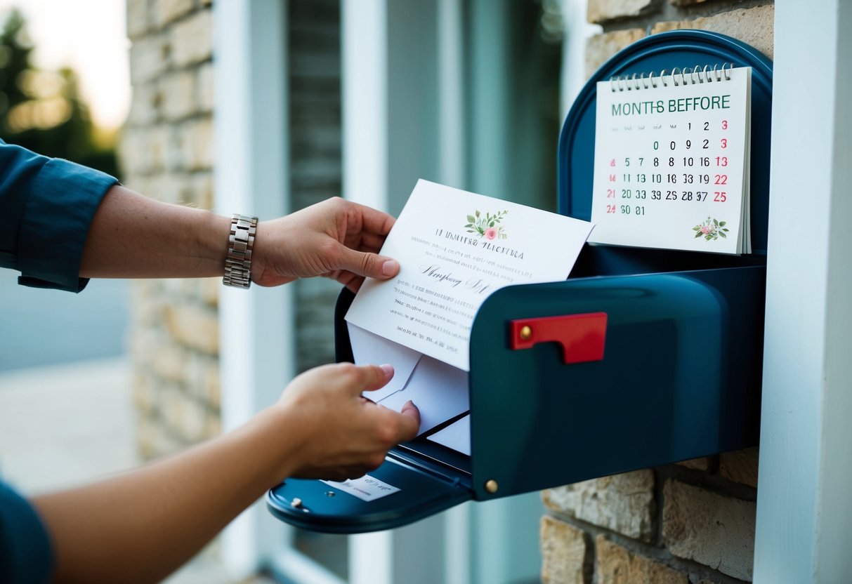 A hand placing wedding invitations into a mailbox, with a calendar showing the date two months before the wedding