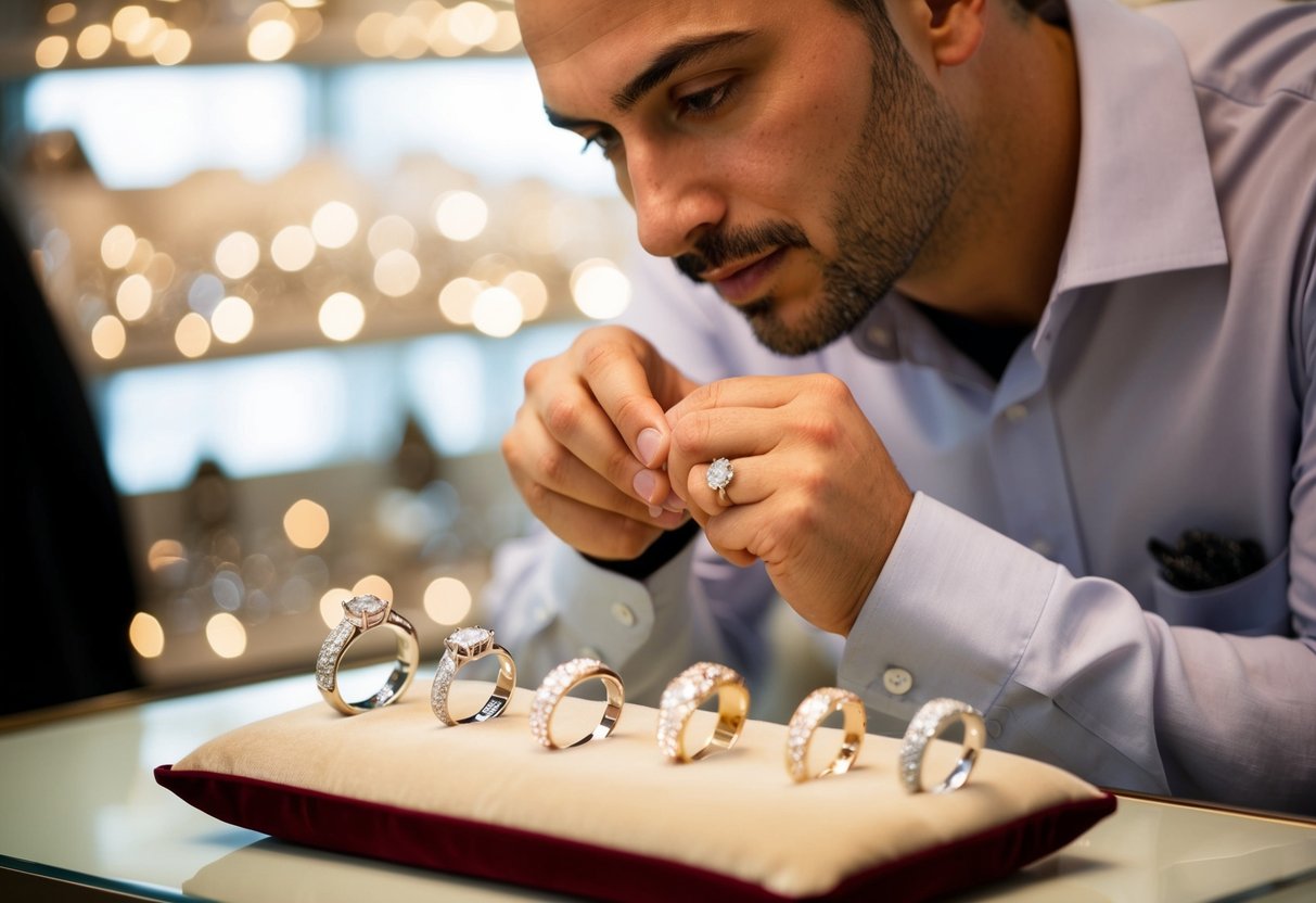 A jeweler carefully examines a selection of sparkling wedding bands displayed on a velvet cushion in a softly lit shop