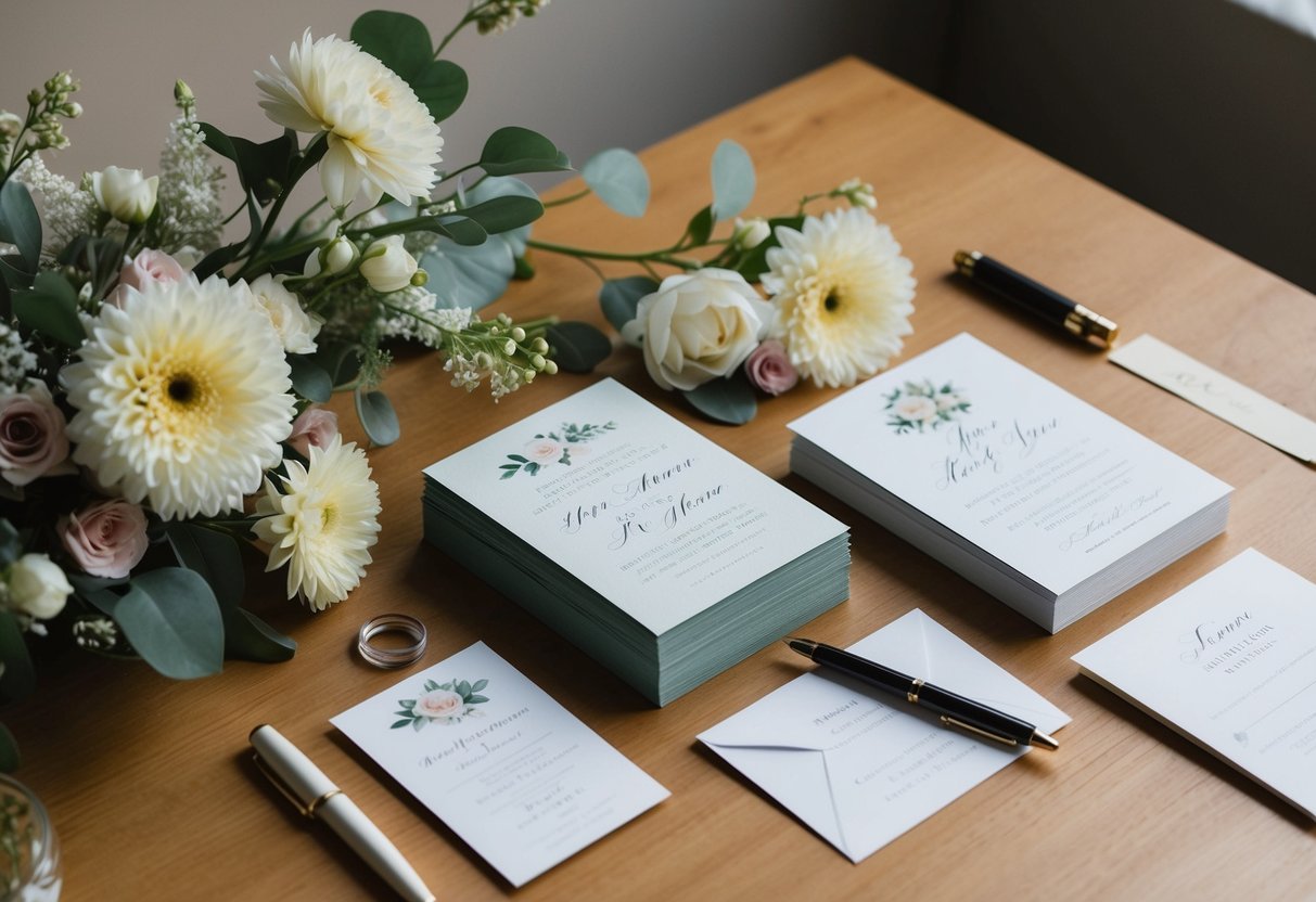 A desk with a pen, elegant stationery, and a stack of wedding invitations, surrounded by flowers and a sample invitation for inspiration