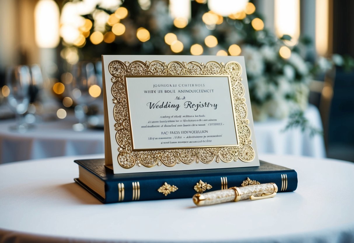 A wedding announcement with a decorative registry book and elegant pen on a table
