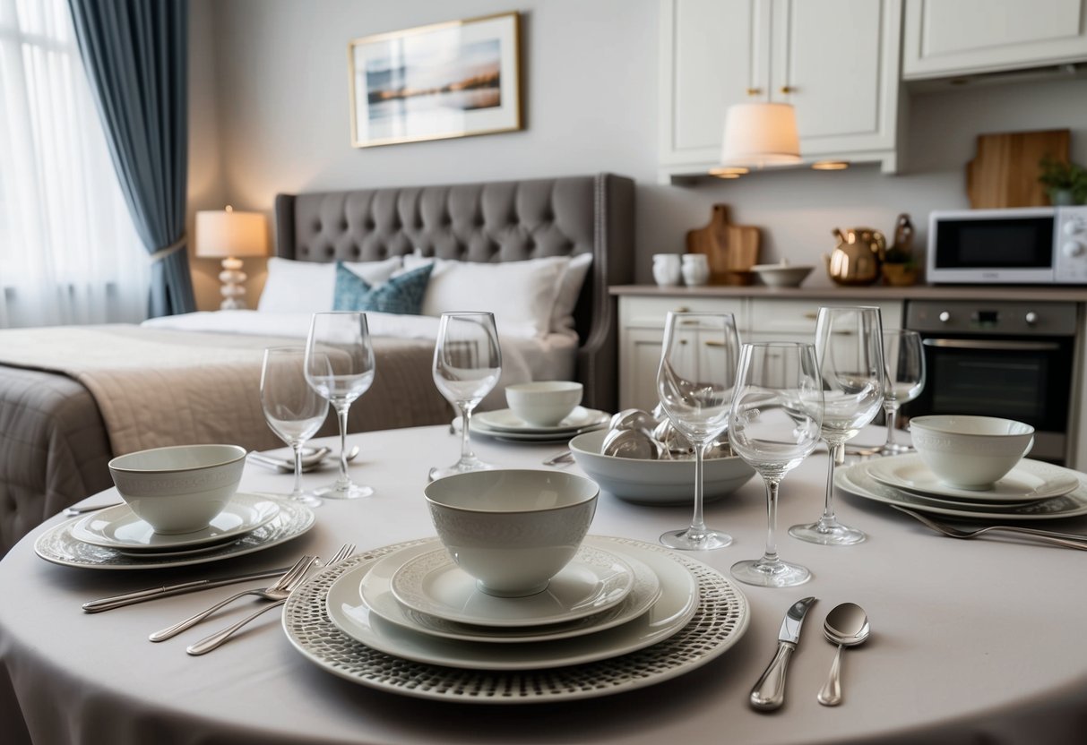 A table set with elegant dinnerware, glassware, and silverware. A variety of kitchen appliances, bedding, and home decor items displayed nearby