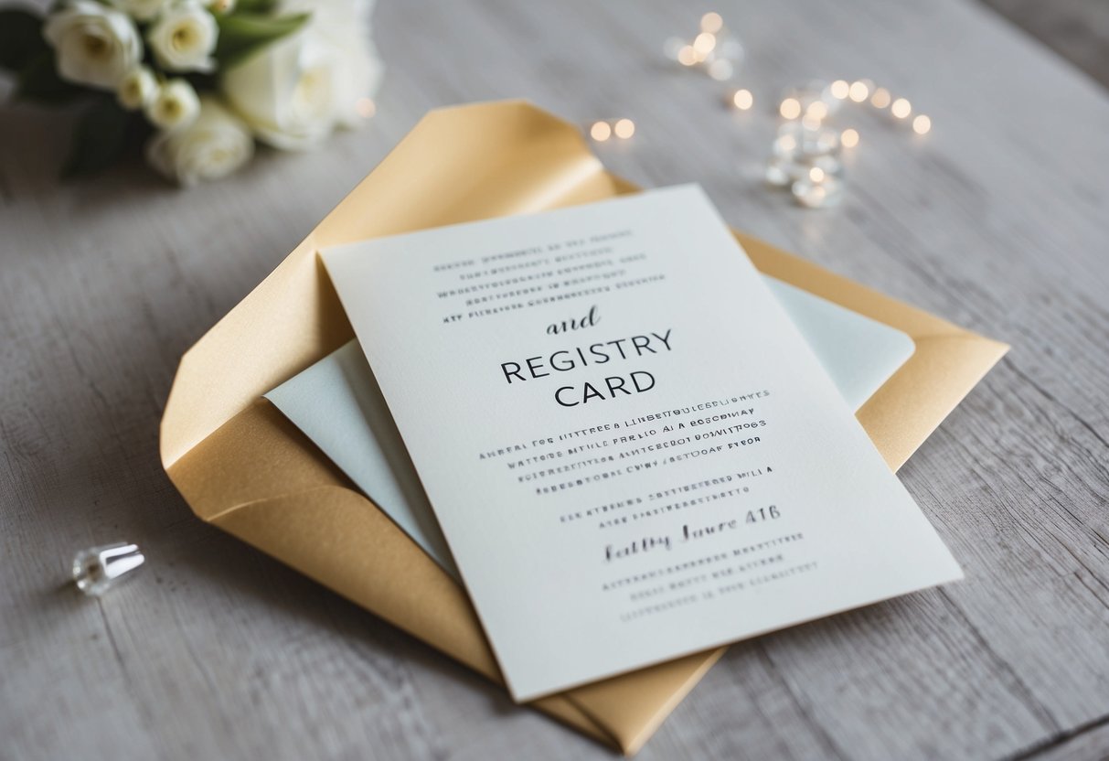 A wedding invitation with a registry card tucked inside