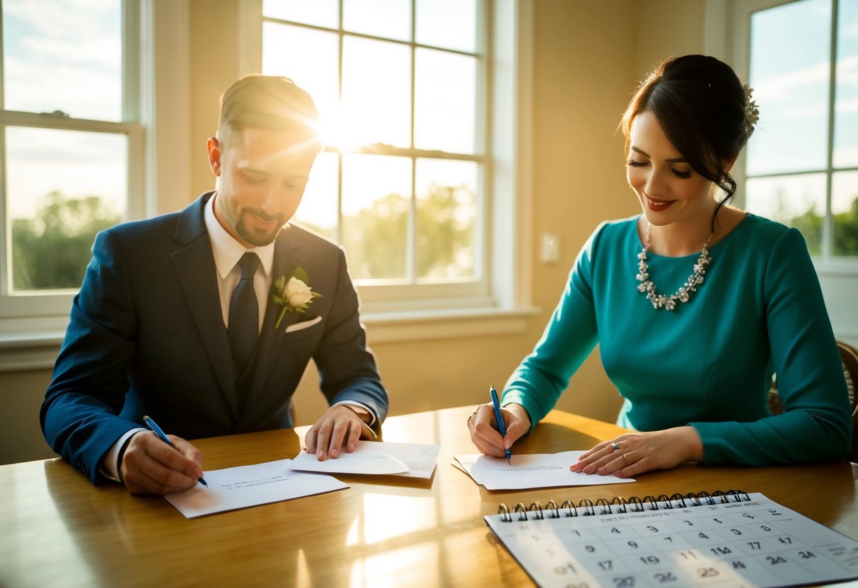 A couple sits at a table, writing addresses on envelopes. A calendar shows the upcoming wedding date. The sun streams through the window, casting a warm glow on the scene