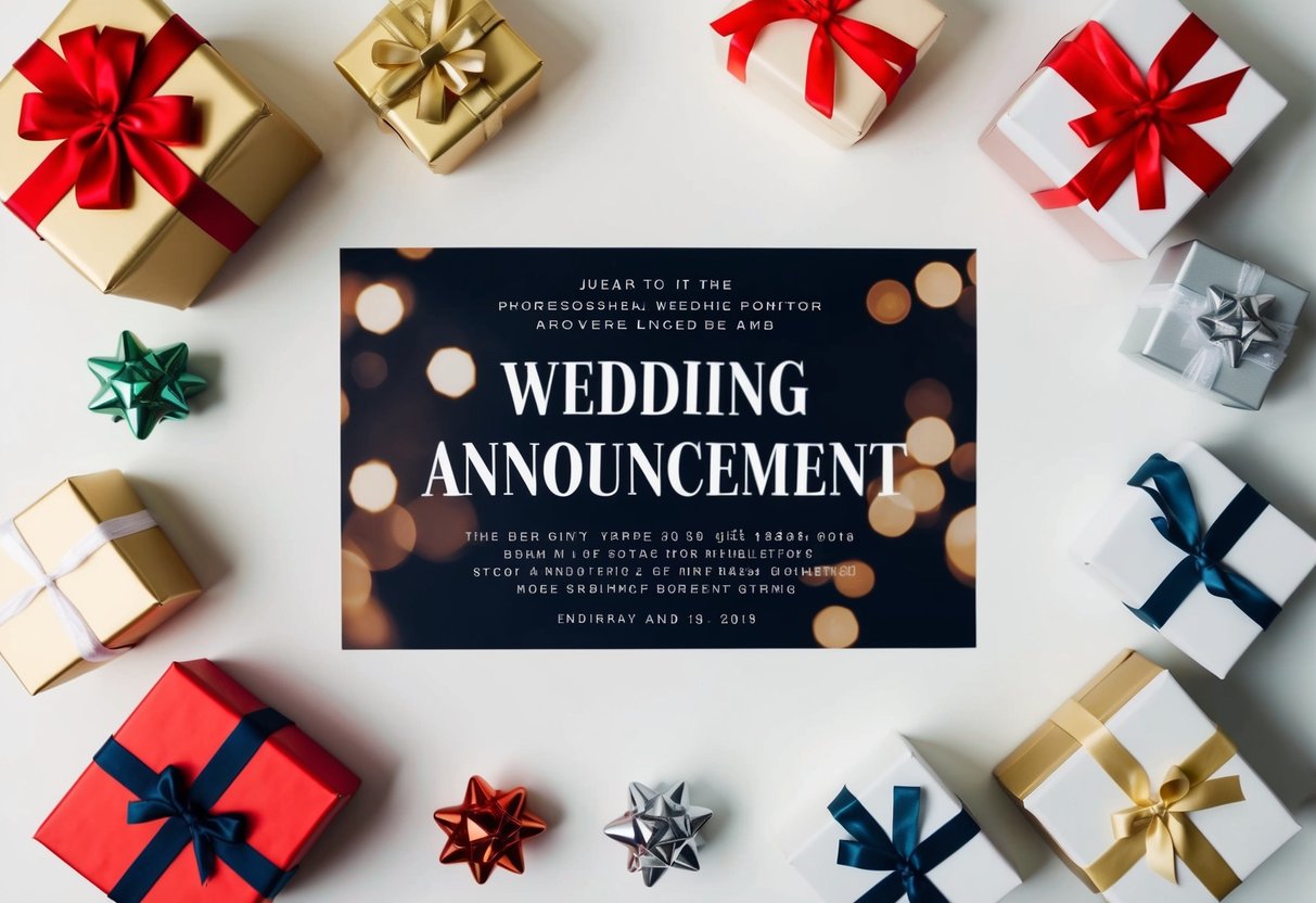 A wedding announcement with various gift types and ideas surrounding it