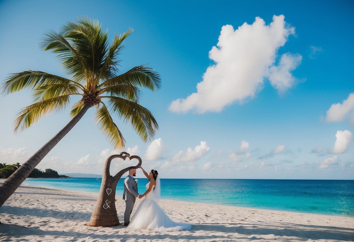 A beach wedding setting with a tropical landscape, a clear blue sky, and a couple's initials carved into a palm tree