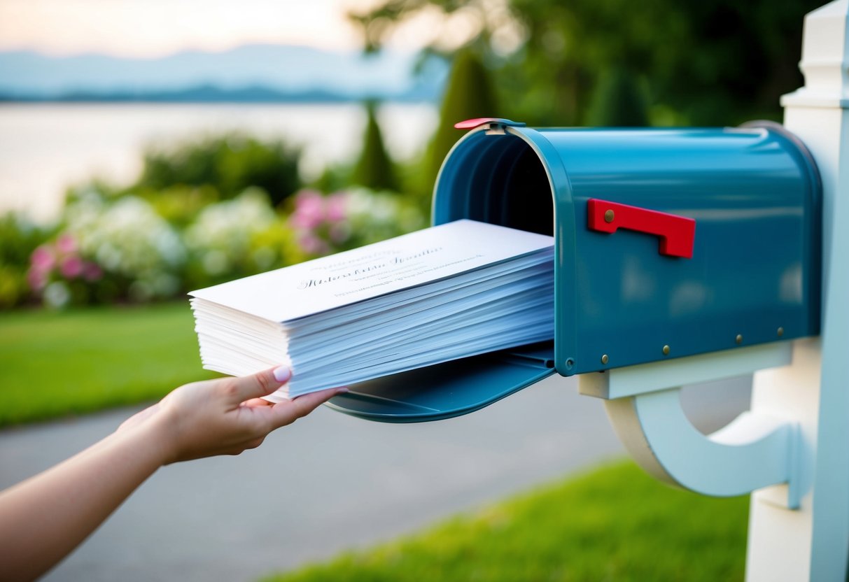 A stack of elegant wedding announcements being placed in a mailbox, with a background of a serene and picturesque setting