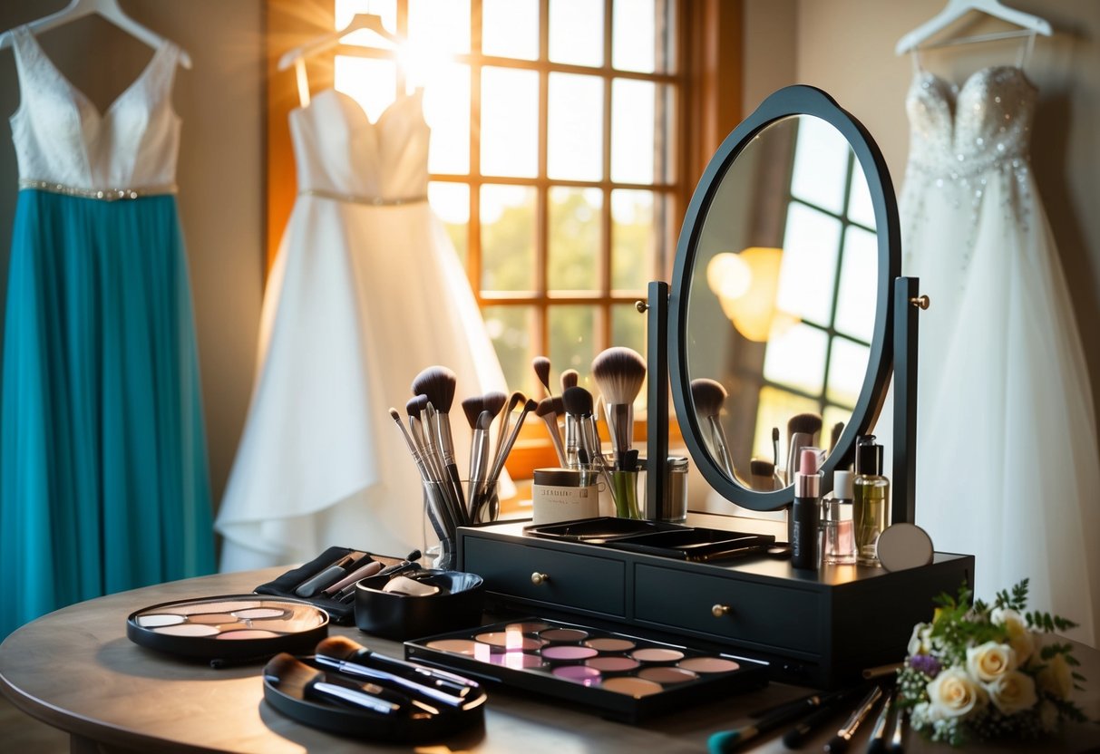 A makeup artist's station with brushes, palettes, and a mirror, set against a backdrop of wedding attire and accessories. Sunrise light streams in through a window, casting a warm glow over the scene