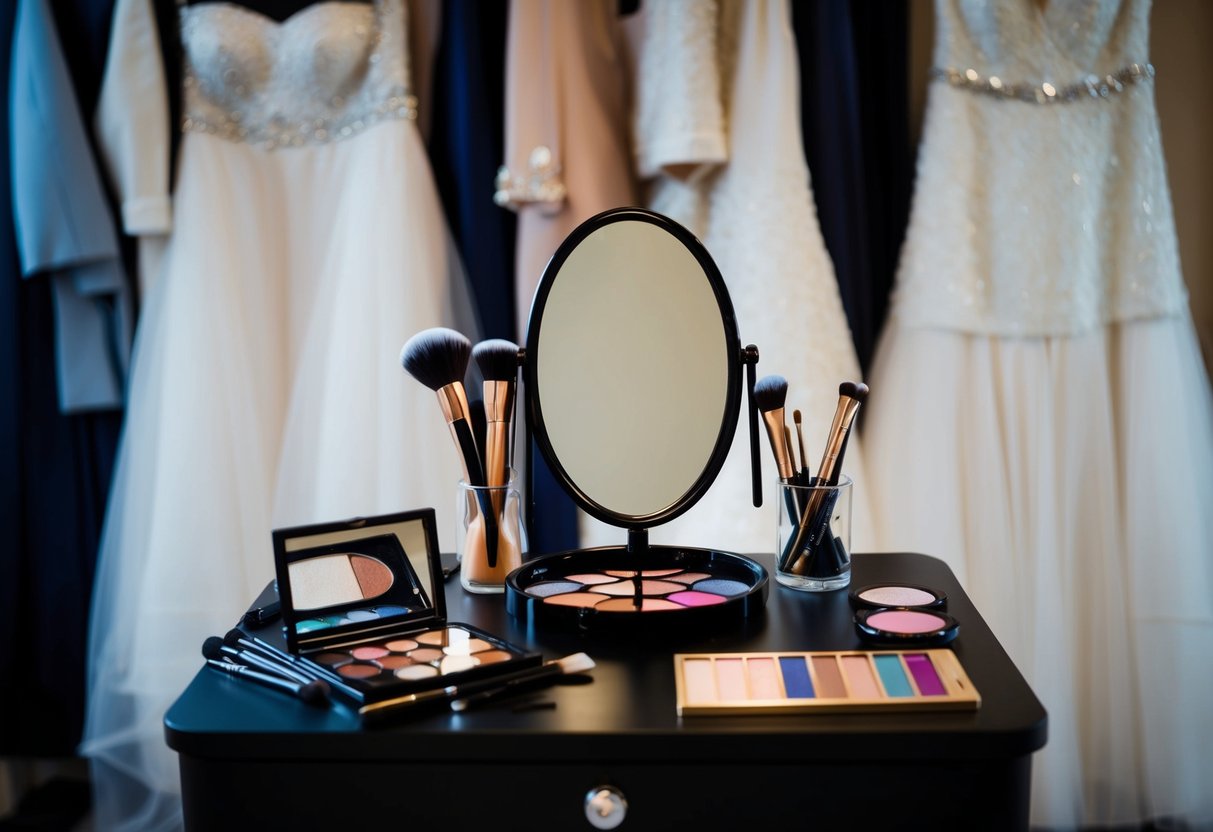 A makeup artist's table with brushes, palettes, and a mirror, set against a backdrop of wedding attire and accessories