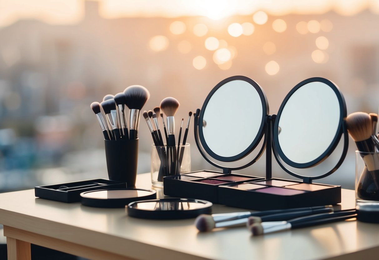 Makeup artist's table set up with brushes, palettes, and mirrors in soft morning light