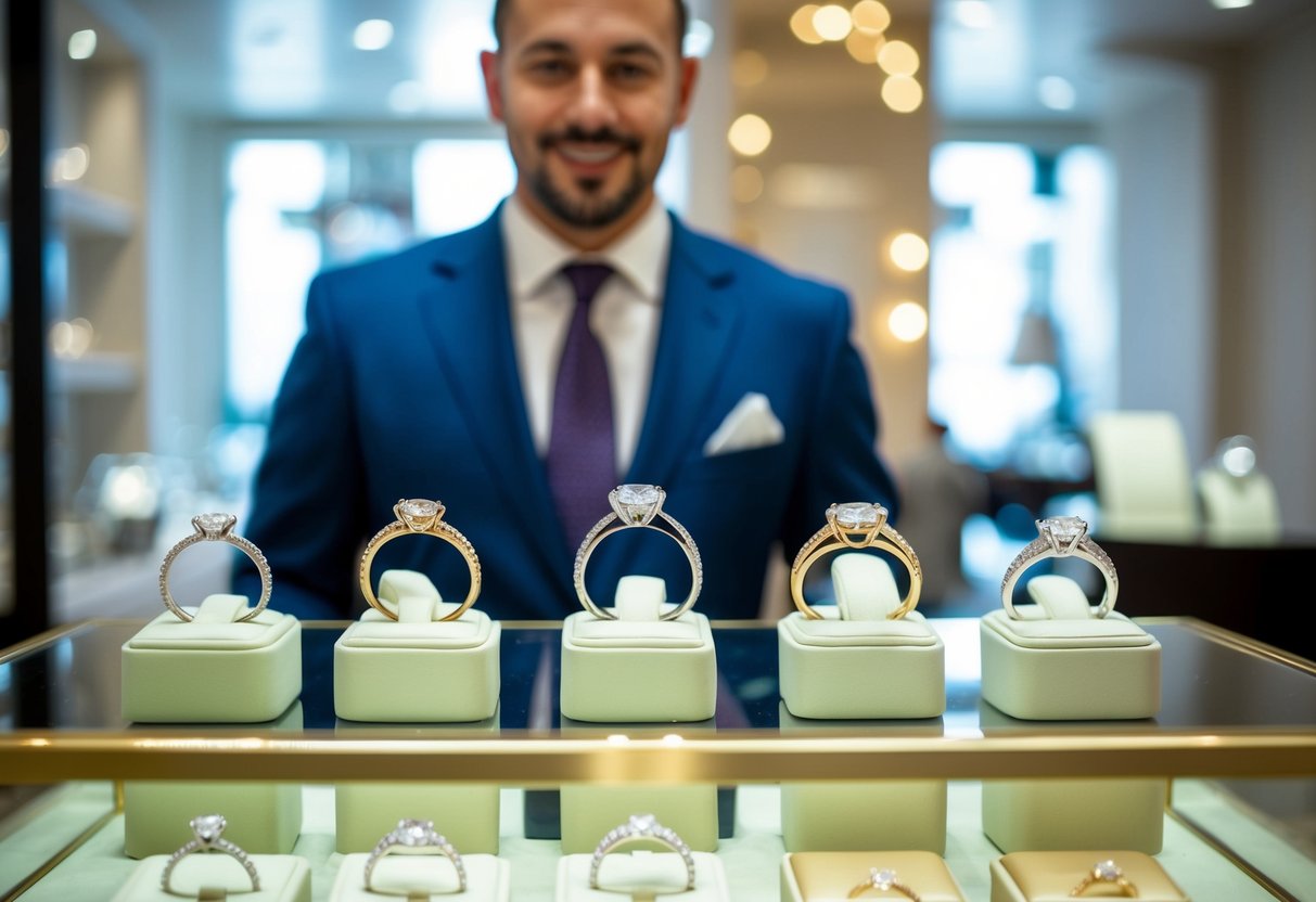 A jeweler presenting a selection of engagement rings in a luxurious UK boutique. Shimmering diamonds and elegant settings on display