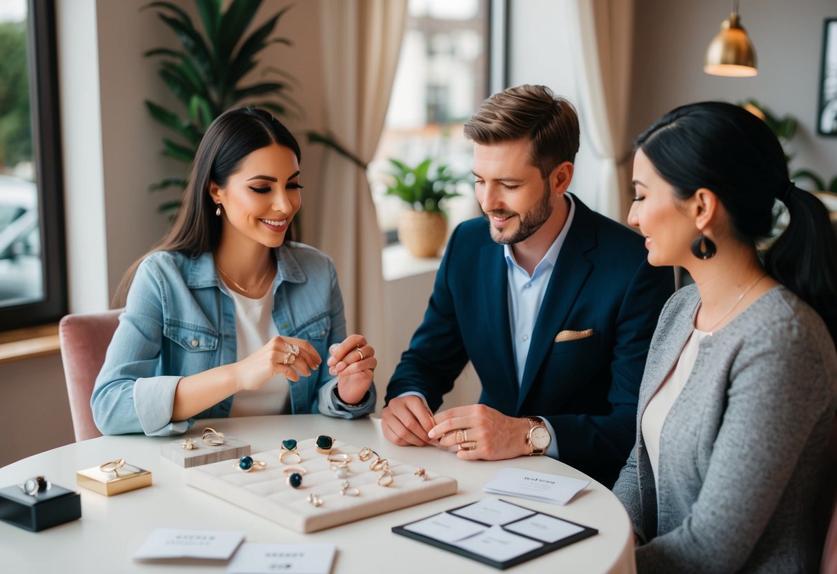 A couple sits at a cozy table, discussing engagement rings. A jeweler presents various options, while the couple looks at price tags and considers their budget