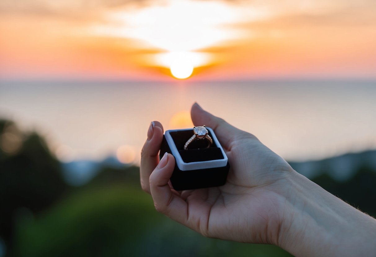 A hand holding a ring box, a sunset in the background