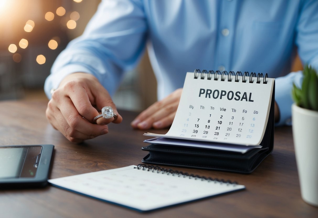 A man purchases a ring, then flips through a calendar, marking a date for a proposal