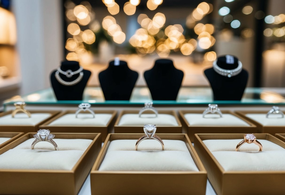 A jewelry store display with various sustainable and budget-friendly engagement ring options