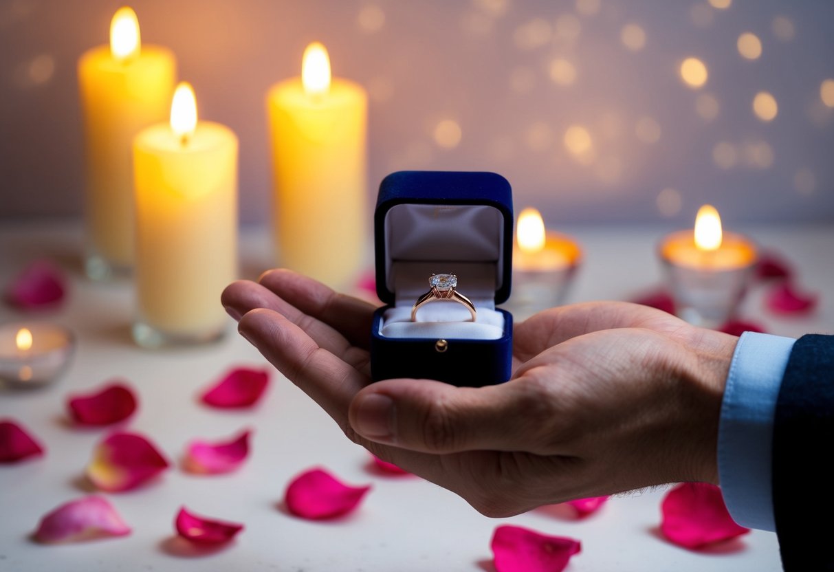 A man's hand holding a small velvet box with a glimmering ring inside, set against a backdrop of soft candlelight and rose petals