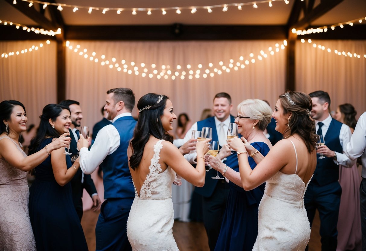 Guests mingling at a wedding reception, clinking glasses, and dancing under twinkling lights in a decorated venue