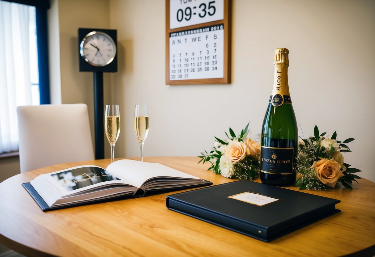 A table with a wedding album, flowers, and a champagne bottle. A calendar on the wall shows the wedding date and a clock indicates the current time