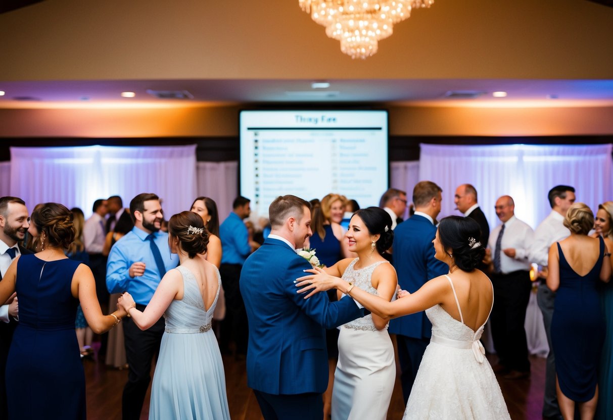 Guests mingling and dancing at a wedding reception, with a timeline displayed in the background