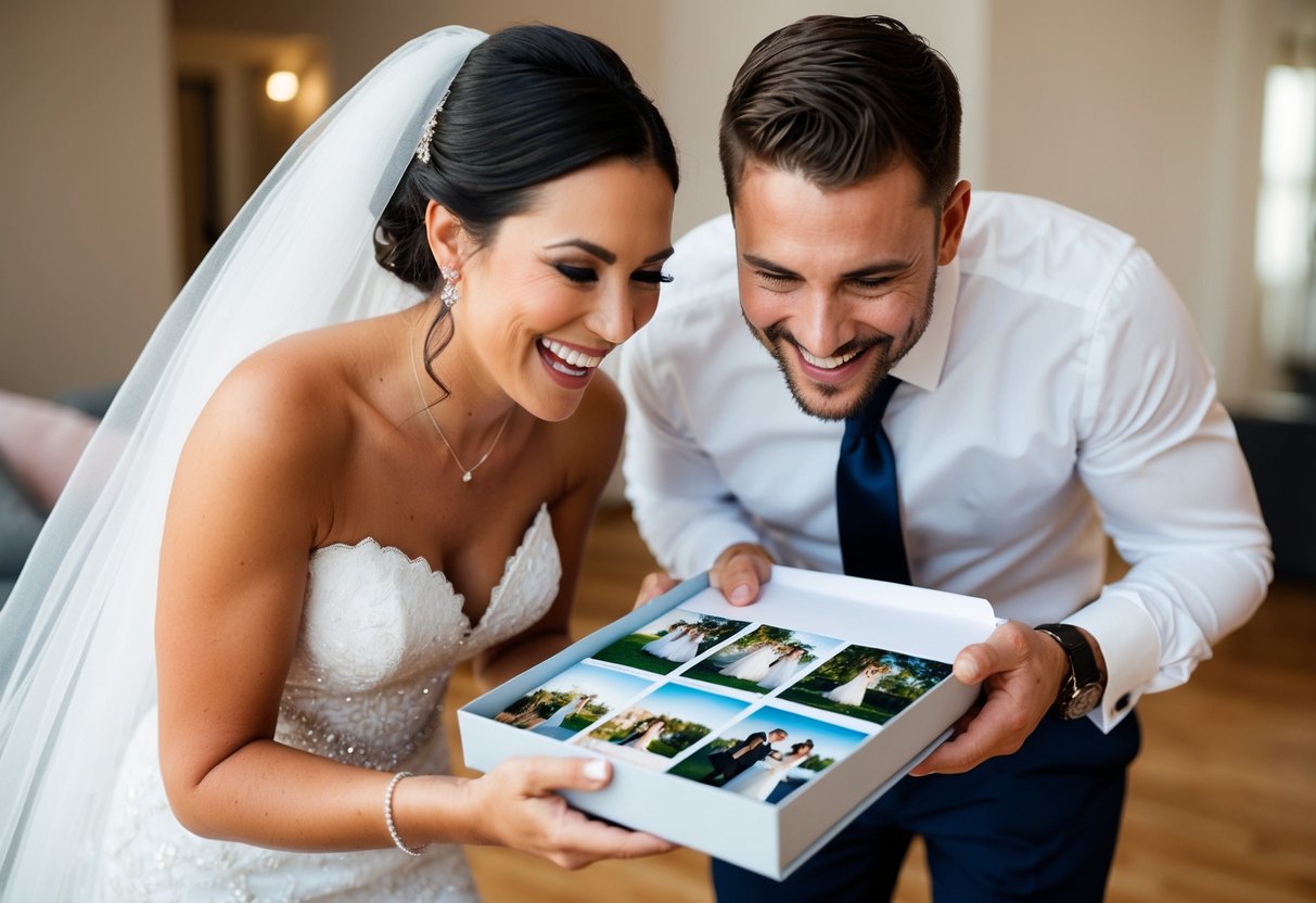 A bride and groom eagerly open a package containing their wedding photos, smiling as they flip through the beautiful images captured on their special day